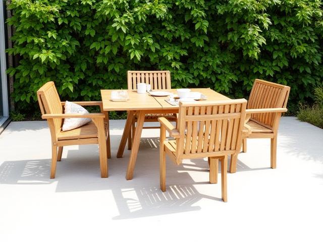 Sæt af fire nye havestole i FSC-certificeret teaktræ