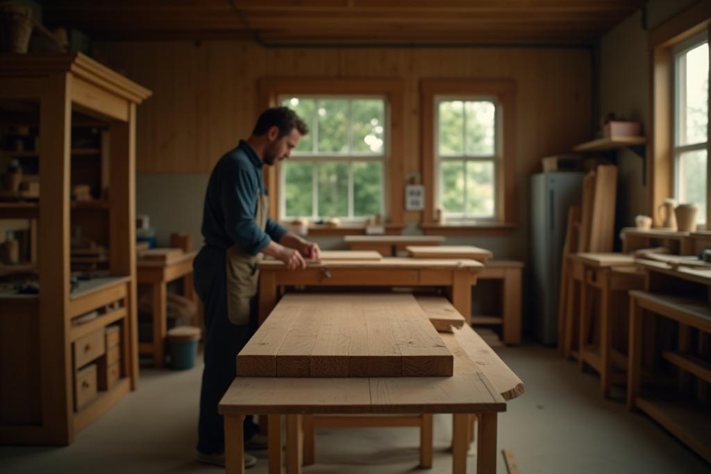 Et veloplyst træværksted med håndværkere der arbejder på møbler, der viser traditionelt snedkerarbejde.