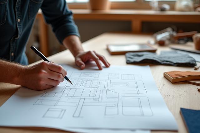 Designer skitserer møbeldesign på en tegneplade med træprøver