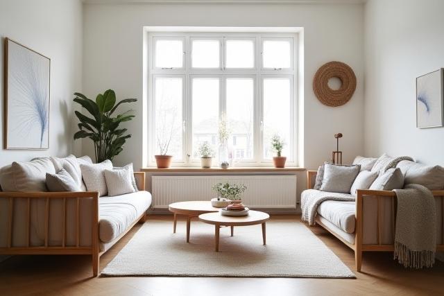 Et hyggeligt nordisk inspireret stuemiljø med træmøbler og naturligt lys.