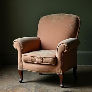 Før-billede af en slidt, antik lænestol med plettet stof og skrammer.